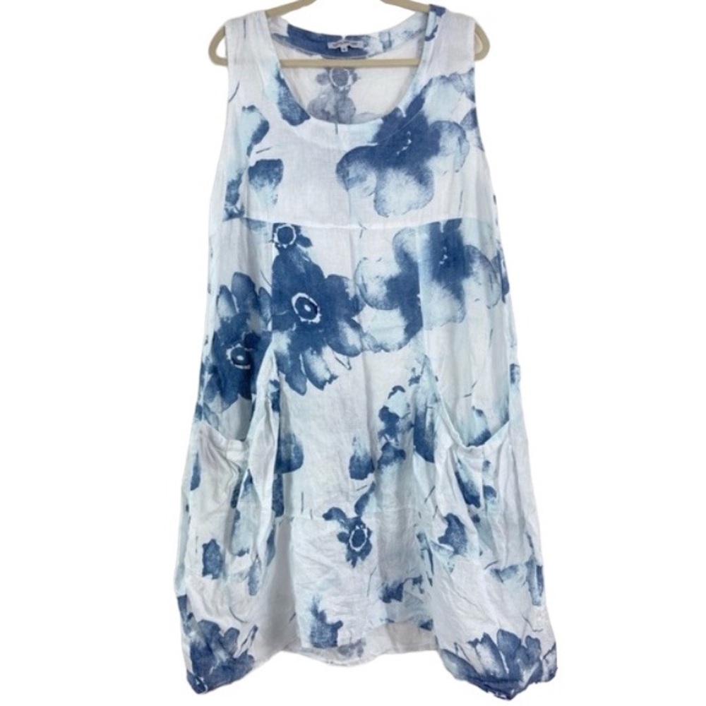 100% LINBLANC blue floral watercolor tie dye large pocket dress. Size 46/14